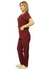Bordo Kadın Kalıp Likralı  Yarasa Kol Hemşire Ve Doktor Forması Takımı Scrubs Hastane Üniforması - Görsel 3