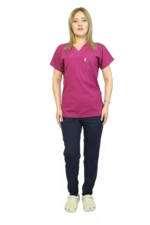 Vişne-Lacivert Kombin Likralı Yarasa Kol Hemşire ve Doktor Forması Takımı Scrubs Hastane Üniforması - Görsel 2