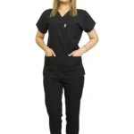 Siyah Kadın Kalıp Likralı  Yarasa Kol Hemşire ve Doktor Forması Takımı Scrubs Hastane Üniforması