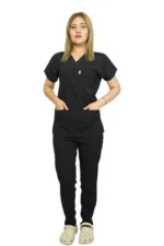 Siyah Kadın Kalıp Likralı  Yarasa Kol Hemşire ve Doktor Forması Takımı Scrubs Hastane Üniforması