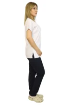 Beyaz-Lacivert Kombin Likralı  Yarasa Kol Hemşire ve Doktor Forması Takımı Scrubs Hastane Üniforması - Görsel 5