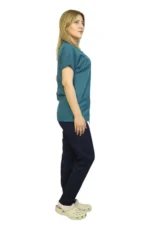 Göl Yeşili Siyah Kombin Kadın Kalıp Soft Likralı Yarasa Kol Hemşire-Doktor Üniforması Takım Scrubs - Görsel 4