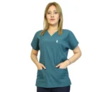 Göl Yeşili Siyah Kombin Kadın Kalıp Soft Likralı Yarasa Kol Hemşire-Doktor Üniforması Takım Scrubs - Görsel 6