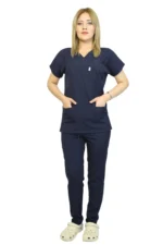 Lacivert Kadın Kalıp Likralı Yarasa Kol Hemşire Ve Doktor Forması Takımı Scrubs Hastane Üniforması