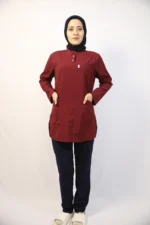 Tesettür Bordo Siyah Kombin Soft Likralı Hemşire ve Doktor Forması Takımı Hastane Üniforması