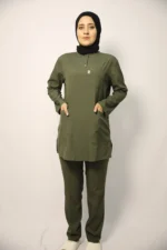 Tesettür Haki Yeşil Takım Soft Likralı Hemşire ve Doktor Forması Takımı Hastane Üniforması - Görsel 3
