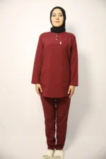 Tesettür Bordo Soft Likralı Hemşire ve Doktor Forması Takımı Hastane Üniforması - Görsel 4