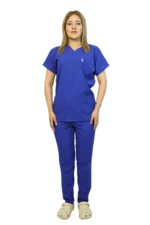 Sax Mavi Kadın Kalıp Likralı  Yarasa Kol Hemşire ve Doktor Forması Takımı Scrubs Hastane Üniforması - Görsel 2