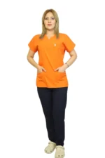 Turuncu-Siyah Kombin Likralı  Yarasa Kol Hemşire ve Doktor Forması Takımı Scrubs Hastane Üniforması