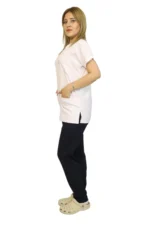 Beyaz-Lacivert Kombin Likralı  Yarasa Kol Hemşire ve Doktor Forması Takımı Scrubs Hastane Üniforması - Görsel 2