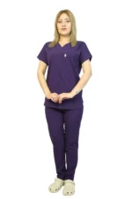 Mor Kadın Kalıp Likralı  Yarasa Kol Hemşire ve Doktor Forması Takımı Scrubs Hastane Üniforması - Görsel 2