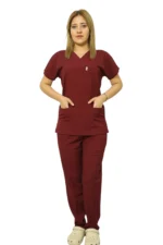 Bordo Kadın Kalıp Likralı  Yarasa Kol Hemşire Ve Doktor Forması Takımı Scrubs Hastane Üniforması