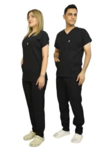 Siyah Kadın Kalıp Likralı  Yarasa Kol Hemşire ve Doktor Forması Takımı Scrubs Hastane Üniforması - Görsel 7