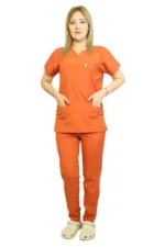 Kiremit Kadın Kalıp Soft Likralı Yarasa Kol Hemşire-Doktor Forması Takımı Scrubs Hastane Üniforması