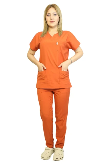 Kiremit Kadın Kalıp Soft Likralı Yarasa Kol Hemşire-Doktor Forması Takımı Scrubs Hastane Üniforması