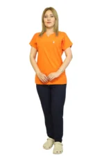 Turuncu-Siyah Kombin Likralı  Yarasa Kol Hemşire ve Doktor Forması Takımı Scrubs Hastane Üniforması - Görsel 2