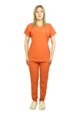 Kiremit Kadın Kalıp Soft Likralı Yarasa Kol Hemşire-Doktor Forması Takımı Scrubs Hastane Üniforması - Görsel 4