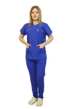 Sax Mavi Kadın Kalıp Likralı  Yarasa Kol Hemşire ve Doktor Forması Takımı Scrubs Hastane Üniforması