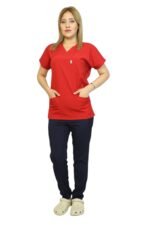 Kırmızı-Siyah Kombin Likralı Yarasa Kol Hemşire ve Doktor Forması Takımı Scrubs Hastane Üniforması