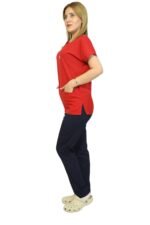 Kırmızı-Siyah Kombin Likralı Yarasa Kol Hemşire ve Doktor Forması Takımı Scrubs Hastane Üniforması - Görsel 6