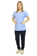 Bebe Mavi Lacivert Kombin Kadın Kalıp Soft Likralı Yarasa Kol Hemşire-Doktor Üniforması Takım Scrubs
