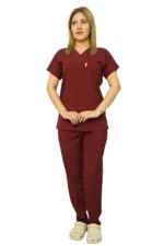 Bordo Kadın Kalıp Likralı  Yarasa Kol Hemşire Ve Doktor Forması Takımı Scrubs Hastane Üniforması - Görsel 2