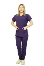 Mor Kadın Kalıp Likralı  Yarasa Kol Hemşire ve Doktor Forması Takımı Scrubs Hastane Üniforması
