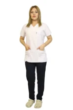 Beyaz-Lacivert Kombin Likralı  Yarasa Kol Hemşire ve Doktor Forması Takımı Scrubs Hastane Üniforması
