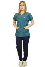 Göl Yeşili Siyah Kombin Kadın Kalıp Soft Likralı Yarasa Kol Hemşire-Doktor Üniforması Takım Scrubs