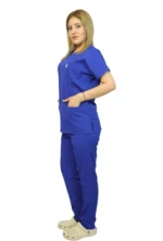 Sax Mavi Kadın Kalıp Likralı  Yarasa Kol Hemşire ve Doktor Forması Takımı Scrubs Hastane Üniforması - Görsel 4