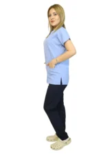 Bebe Mavi Lacivert Kombin Kadın Kalıp Soft Likralı Yarasa Kol Hemşire-Doktor Üniforması Takım Scrubs - Görsel 4