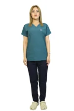 Petrol Yeşili Lacivert Kombin Kadın Kalıp Soft Likra Yarasa Kol Hemşire-Doktor Üniforma Takım Scrubs - Görsel 2