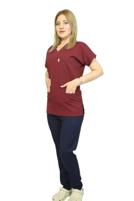 Bordo Lacivert Kombin Kadın Kalıp Soft Likralı Yarasa Kol Hemşire-Doktor Üniforması Takım Scrubs