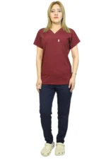 Bordo Lacivert Kombin Kadın Kalıp Soft Likralı Yarasa Kol Hemşire-Doktor Üniforması Takım Scrubs - Görsel 2