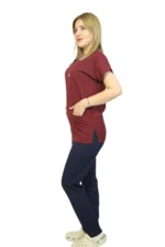 Bordo Lacivert Kombin Kadın Kalıp Soft Likralı Yarasa Kol Hemşire-Doktor Üniforması Takım Scrubs - Görsel 4
