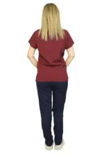 Bordo Lacivert Kombin Kadın Kalıp Soft Likralı Yarasa Kol Hemşire-Doktor Üniforması Takım Scrubs - Görsel 6