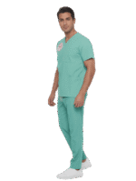 Mint Yeşili Logolu Aile Sağlığı Çalışanları Forması Yarasa Kol Likralı Scrubs Erkek