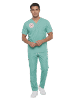 Mint Yeşili Logolu Aile Sağlığı Çalışanları Forması Yarasa Kol Likralı Scrubs Erkek - Görsel 2