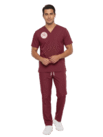 Bordo Logolu Sağlık Diğer Meslek Mensupları Forması Yarasa Kol Likralı Scrubs Erkek - Görsel 2