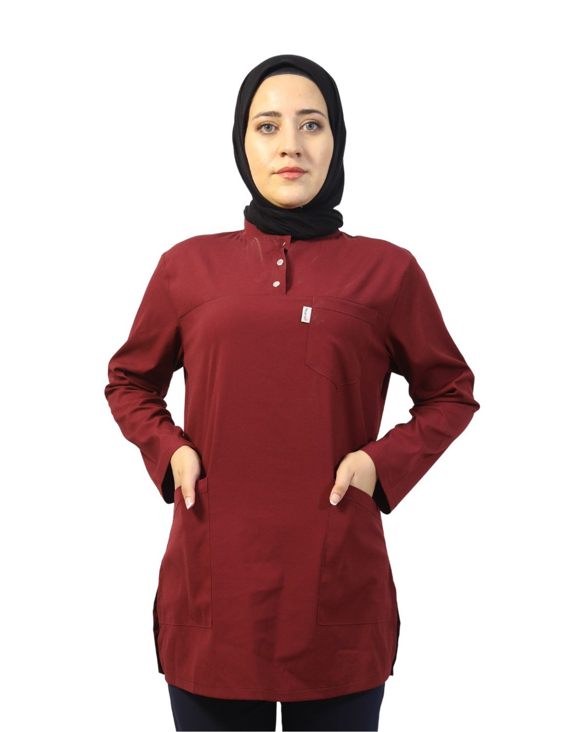 tesettur-tek-ust-bordo Tesettür Bordo Tek Üst Soft Likralı Hemşire ve Doktor Forması Tunik Hastane Üniforması - Görsel 1
