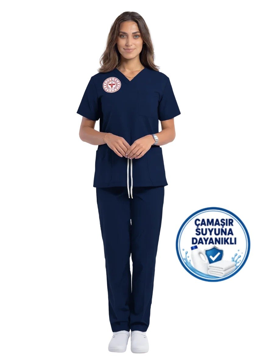 Adsiz-tasarim-2026-09-03T142611.085-beyaz Temizlik Personeli Lacivert Logolu Forması Yarasa Kol Likralı Scrubs Kadın - Görsel 1