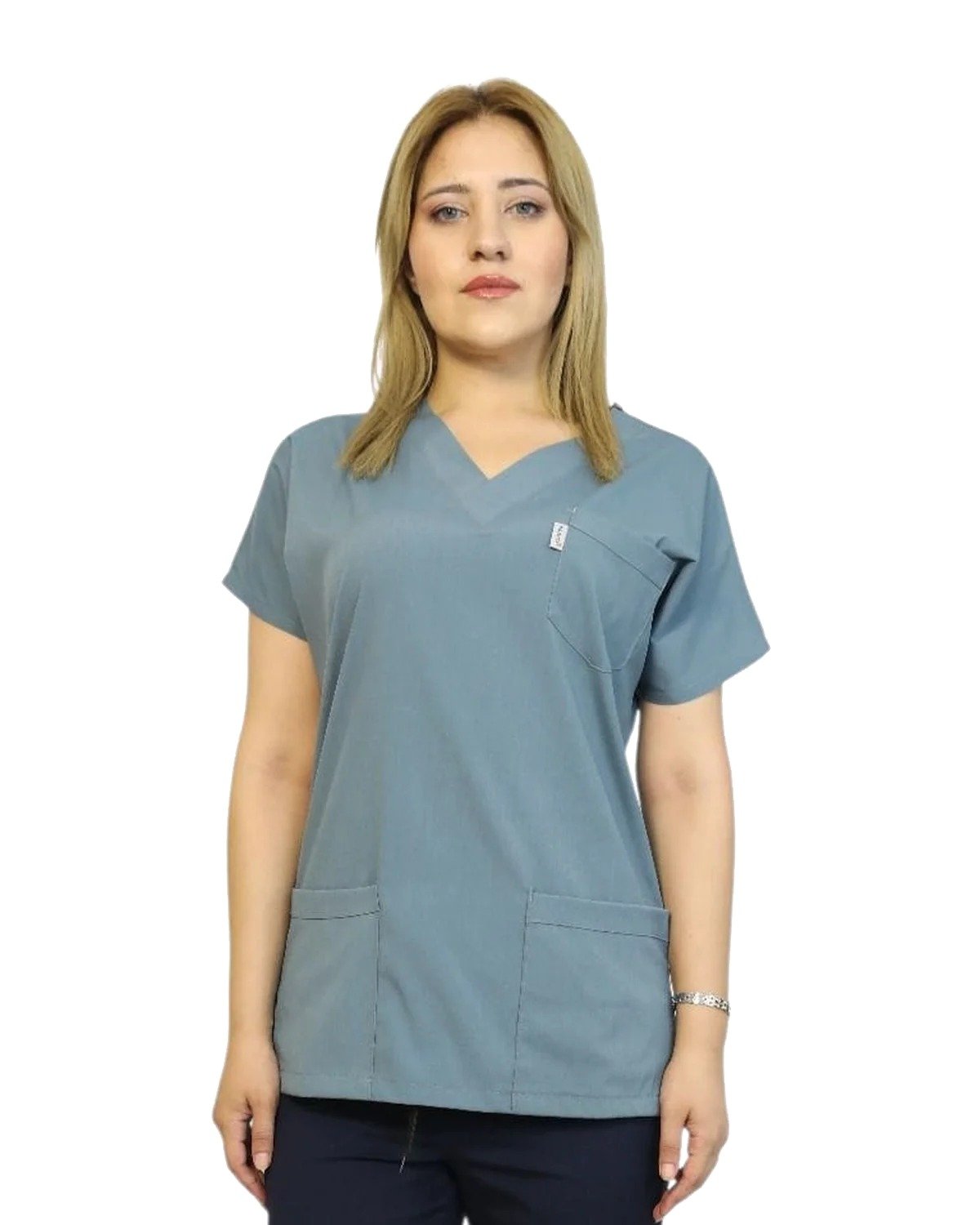 kisakol-gol-yesili-1-beyaz Kısa Kol Kadın Tek Üst Göl Yeşili Likralı Hemşire ve Doktor Forması Scrubs Hastane Üniforması - Görsel 1