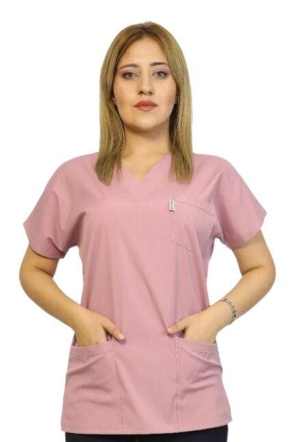 Kısa Kol Kadın Tek Üst Gül Kurusu Likralı Hemşire ve Doktor Forması Scrubs Hastane Üniforması