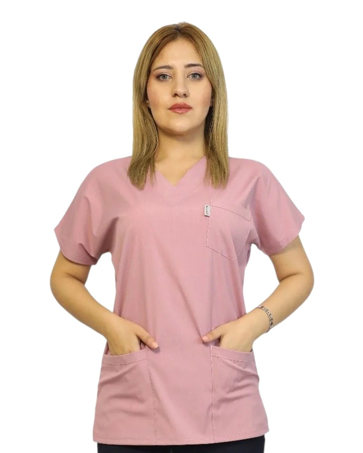 kisakol-gul-kurusu-1-beyaz Kısa Kol Kadın Tek Üst Gül Kurusu Likralı Hemşire ve Doktor Forması Scrubs Hastane Üniforması - Görsel 1