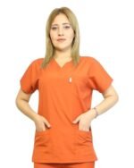 Kısa Kol Kadın Tek Üst Kiremit Likralı Hemşire ve Doktor Forması Scrubs Hastane Üniforması