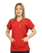 Kısa Kol Kadın Tek Üst Kırmızı Likralı Hemşire ve Doktor Forması Scrubs Hastane Üniforması