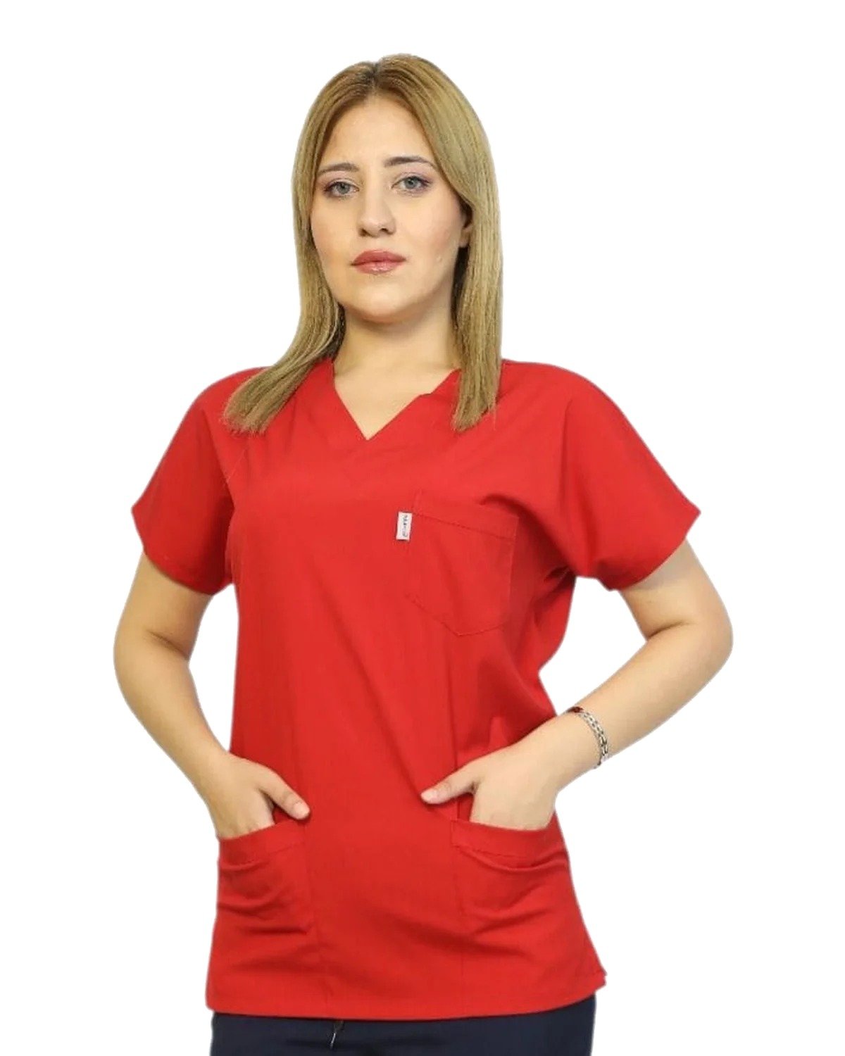 kisakol-kirmizi-1-beyaz Kısa Kol Kadın Tek Üst Kırmızı Likralı Hemşire ve Doktor Forması Scrubs Hastane Üniforması - Görsel 1