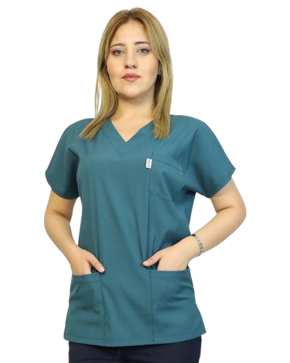 kisakol-petrol-yesili-1-beyaz Kısa Kol Kadın Tek Üst Petrol Yeşili Likralı Hemşire ve Doktor Forması Scrubs Hastane Üniforması - Görsel 1