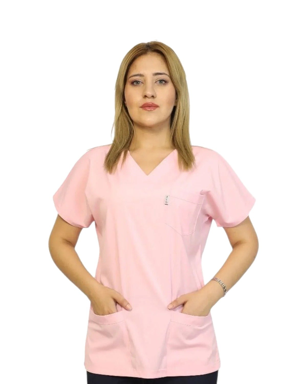 kisakol-toz-pembe-1-beyaz Kısa Kol Kadın Tek Üst Toz Pembe Likralı Hemşire ve Doktor Forması Scrubs Hastane Üniforması - Görsel 1